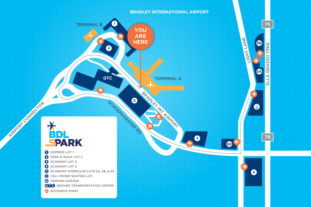 Map showing location for cell phone parking lot at Bradley International Airport, March 2025.